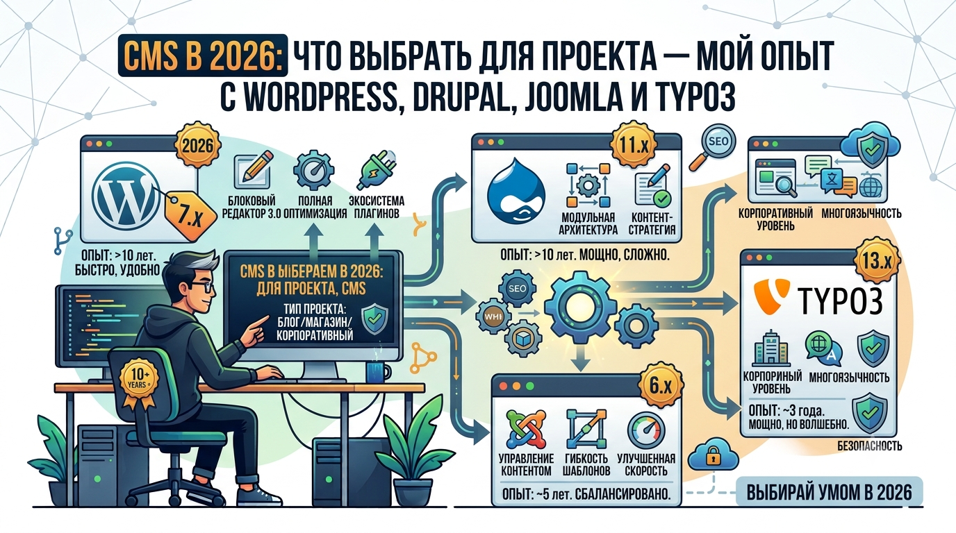 CMS в 2026 что выбрать для проекта — мой опыт с WordPress, Drupal, Joomla и TYPO3