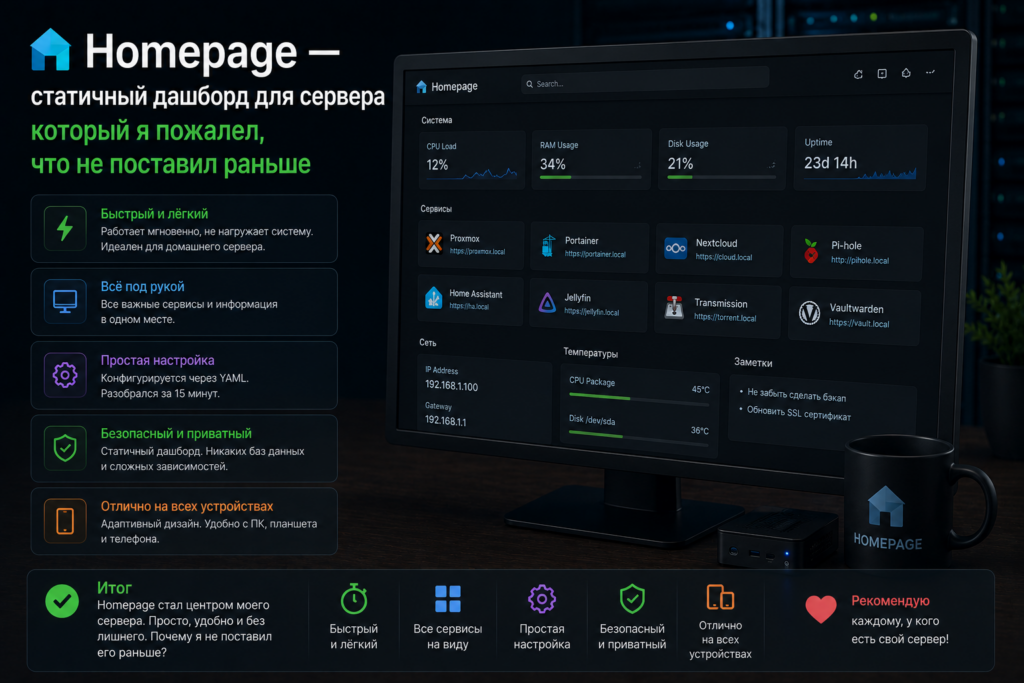 Homepage — статичный дашборд для сервера который я пожалел что не поставил раньше