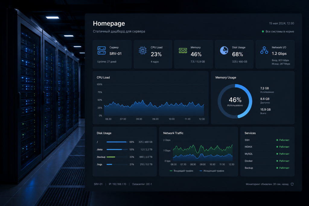Дашборд Homepage для мониторинга сервера
