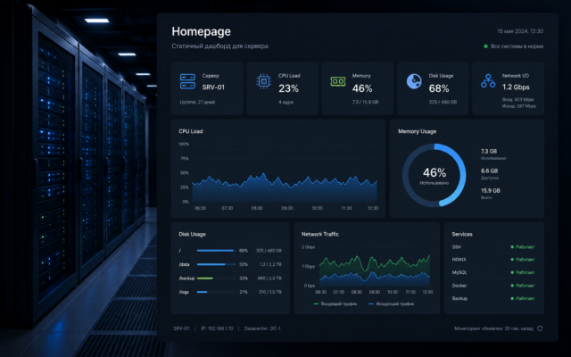 Дашборд Homepage для мониторинга сервера