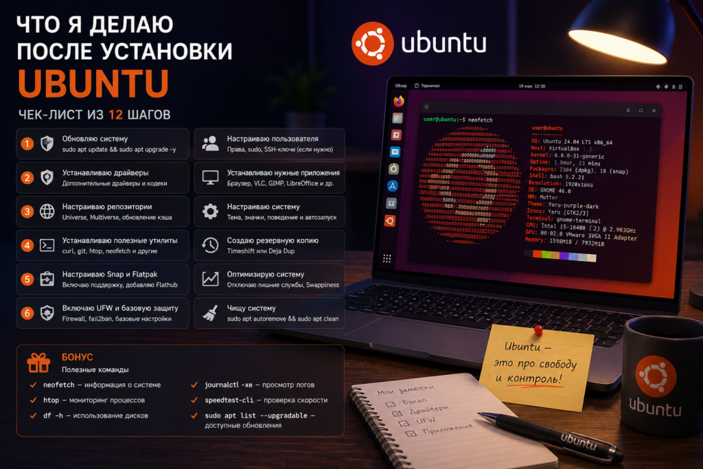 Рабочий стол Ubuntu с открытым терминалом и чек-листом настроек