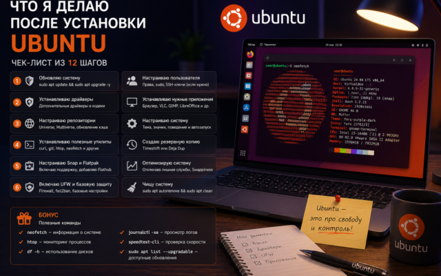 Рабочий стол Ubuntu с открытым терминалом и чек-листом настроек