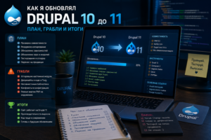 Экран с процессом обновления Drupal и логотипом CMS, тёмная техно-иллюстрация