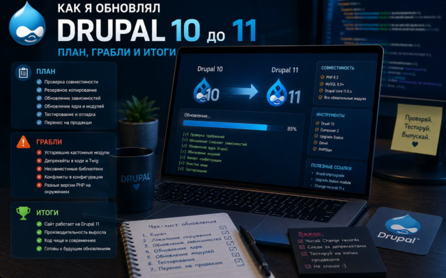 Экран с процессом обновления Drupal и логотипом CMS, тёмная техно-иллюстрация