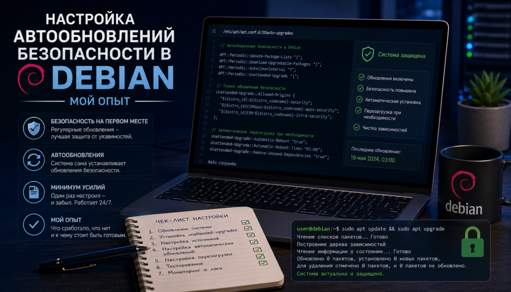 Логотип Debian и щит безопасности на фоне серверной стойки, стильная иллюстрация