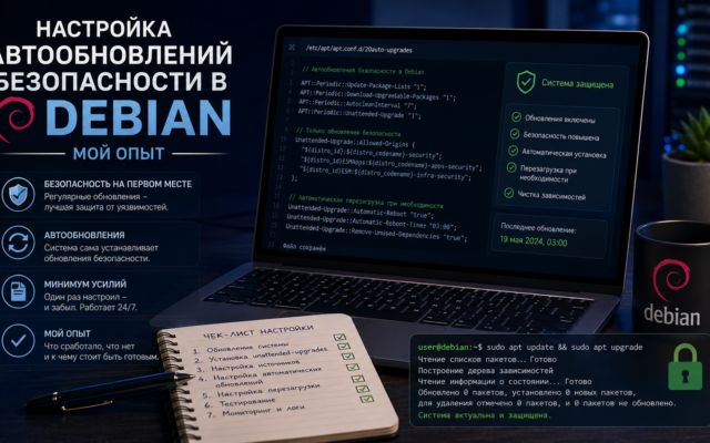 Логотип Debian и щит безопасности на фоне серверной стойки, стильная иллюстрация