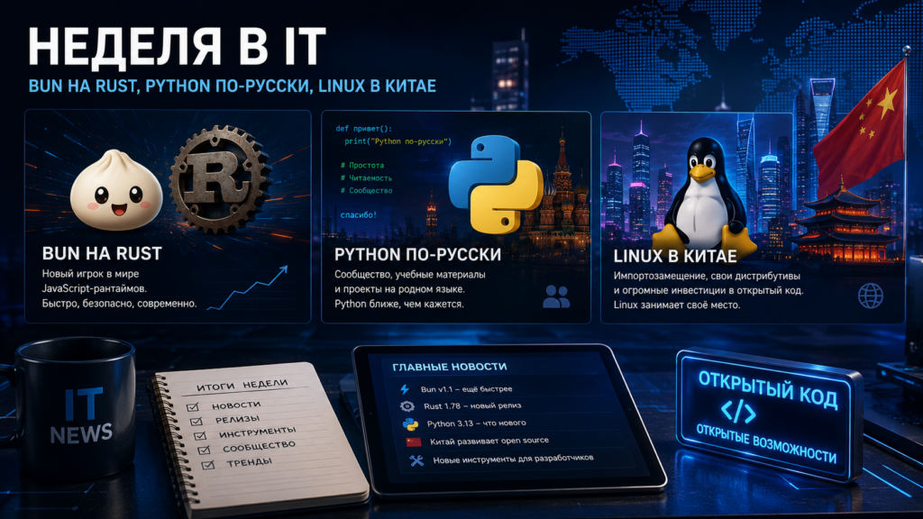 Абстрактная иллюстрация недели в IT: логотипы Bun, Python и пингвин Tux на фоне новостного потока