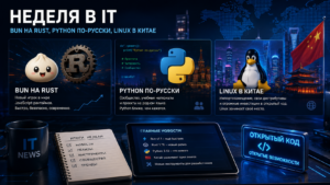 Абстрактная иллюстрация недели в IT: логотипы Bun, Python и пингвин Tux на фоне новостного потока