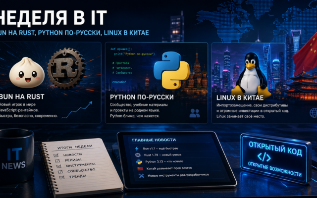 Абстрактная иллюстрация недели в IT: логотипы Bun, Python и пингвин Tux на фоне новостного потока