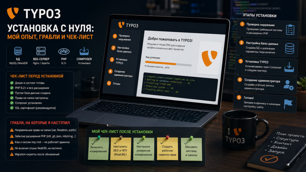 Логотип TYPO3 на экране ноутбука при настройке системы, стильная иллюстрация