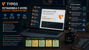Логотип TYPO3 на экране ноутбука при настройке системы, стильная иллюстрация