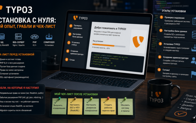 Логотип TYPO3 на экране ноутбука при настройке системы, стильная иллюстрация